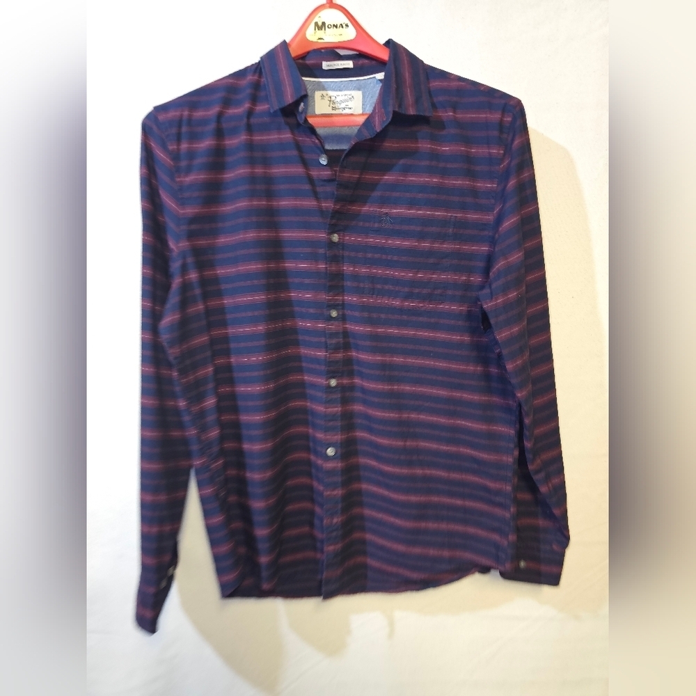 Penguin Men's Navy and Red Striped Shirt